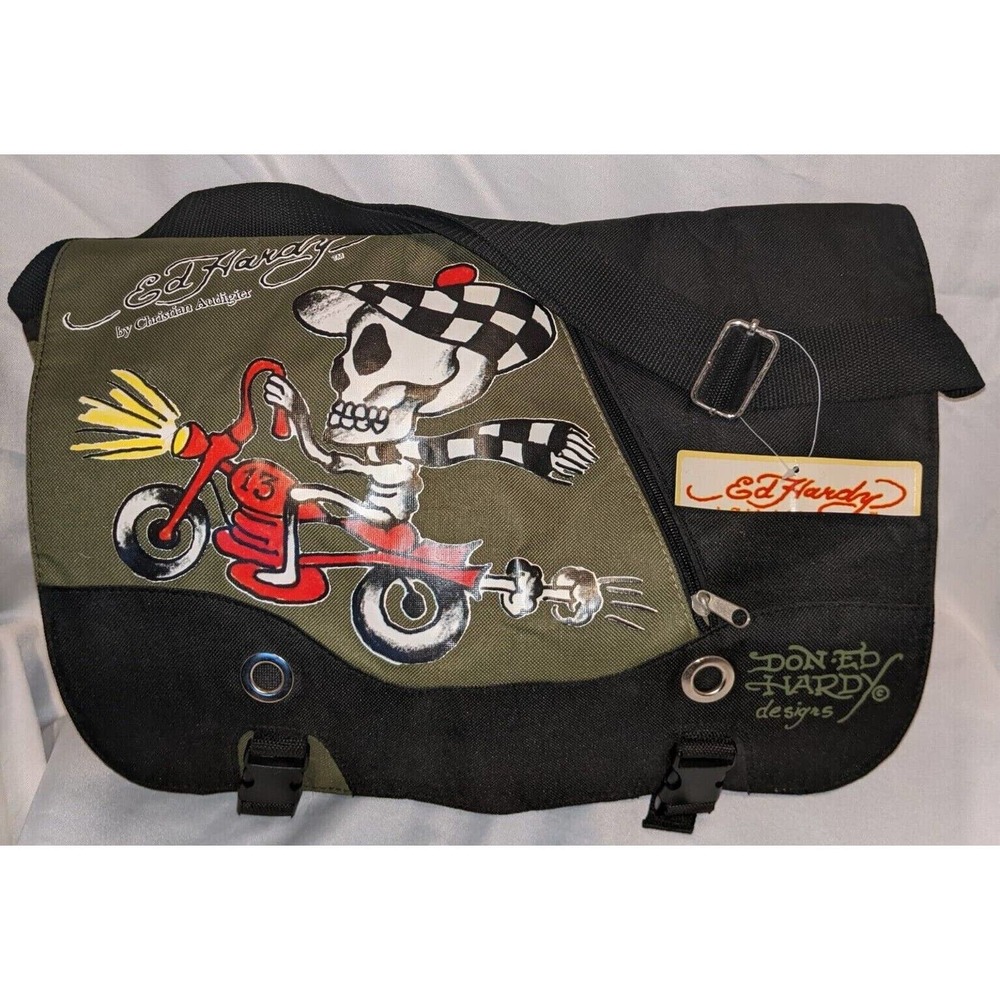 Ed Hardy SPEEDY Motorcycle Skeleton ARMY GREEN Messenger Bag Y2K NWT